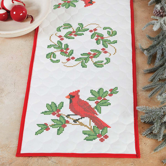 Herrschners Cardinal Pre-Quilted Table Runner Stamped Cross-Stitch Kit