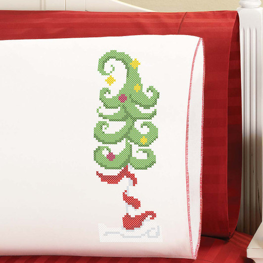 Herrschners Dancing Boughs Pillowcase Pair Stamped Cross-Stitch