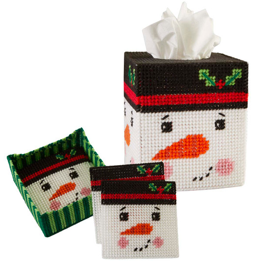 Herrschners Snowman Smiles Tissue Box & Coaster Set Plastic Canvas