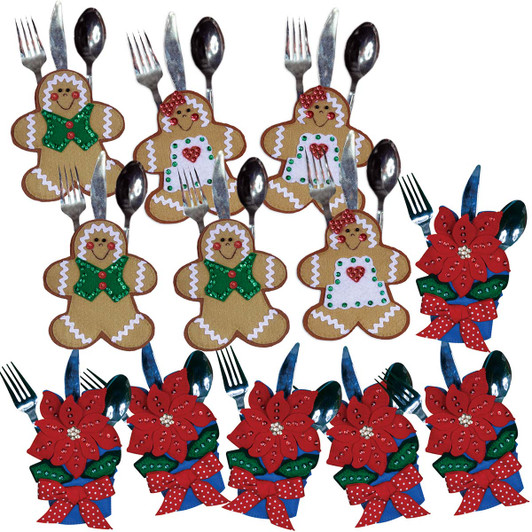 Design Works Red Poinsettia & Gingerbread Couple Silverware Pocket, Set of 2 Felt & Sequin Kit