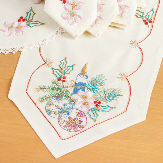 Herrschners Cheerful Tidings Tapered Long Table Runner Stamped Embroidery Kit