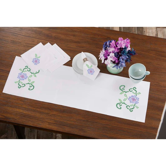 Herrschners Botanical Beauties Table Runner & Napkins Set Stamped Cross-Stitch