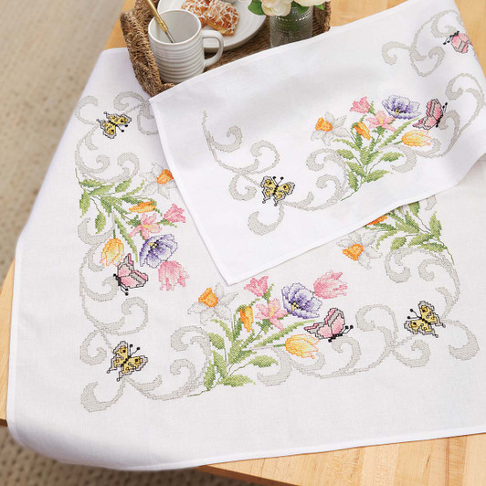 Herrschners Ornamental Spring Table Topper & Table Runner Set Stamped Cross-Stitch Kit
