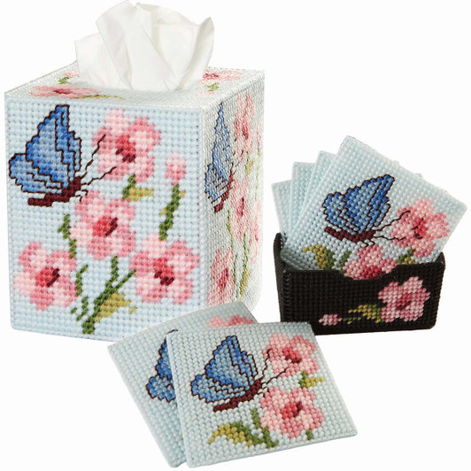 Herrschners Sakura Christmas Tissue Box & Coaster Set Plastic Canvas
