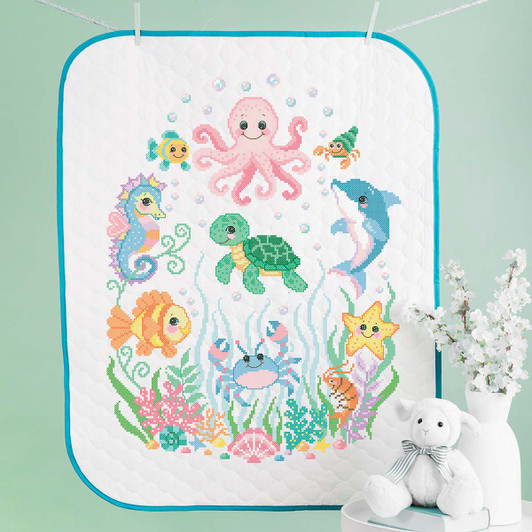 Herrschners Sealife Enchantment Baby Quilt Stamped Cross-Stitch Kit