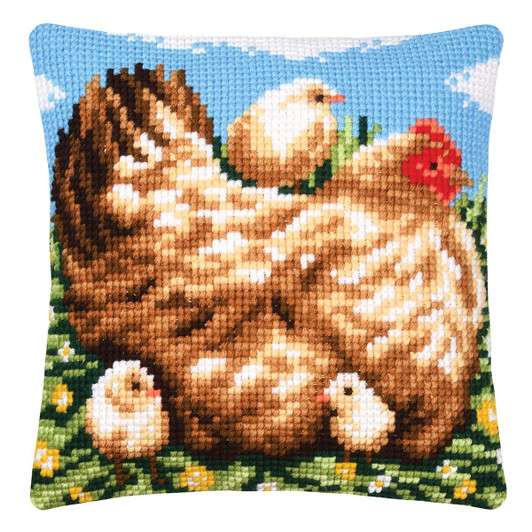 Vervaco Chicken with Chicks Cushion Needlepoint Kit