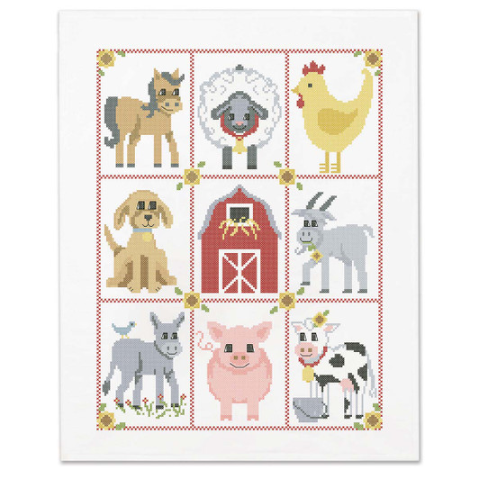 Herrschners Farming Friends Lap Quilt Top Stamped Cross-Stitch Kit