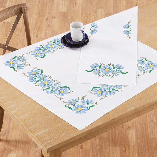 Herrschners Blue Blossoms Table Topper & Runner Stamped Cross-Stitch