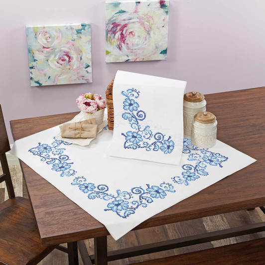 Herrschners Blue China Table Topper & Runner Stamped Cross-Stitch