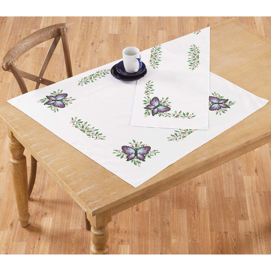 Herrschners Tranquil Garden Table Topper & Runner Stamped Cross-Stitch