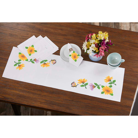 Herrschners Garden Blossoms  Table Runner & Napkins Set Stamped Cross-Stitch