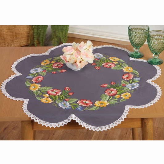 Herrschners Folk Flowers Shaped Table Topper Stamped Embroidery Kit
