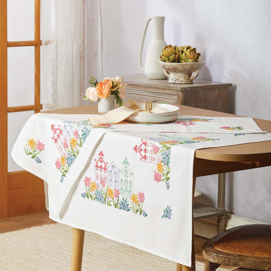 Herrschners Bright Buildings Table Topper & Table Runner Set Stamped Cross-Stitch Kit