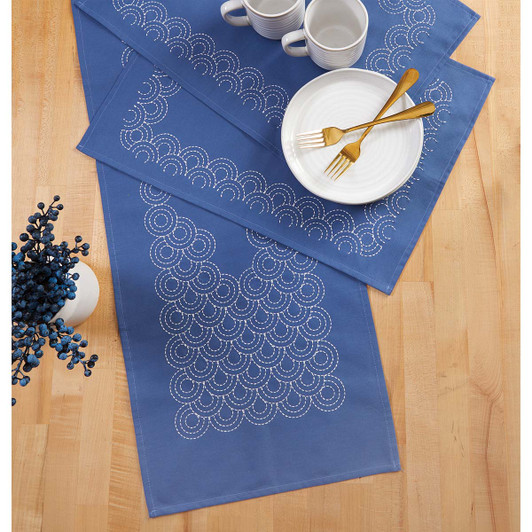 Herrschners Sashiko Circles Table Runner & Place Mats Set Stamped Embroidery Kit