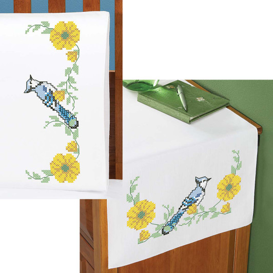 Herrschners Backyard Blue Jay Pillowcase Pair or Dresser Scarf Thread Kit