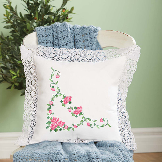 Herrschners Rose Heart Lace Trim Pillow Cover Stamped Cross-Stitch Kit