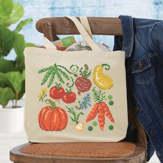 Herrschners Vibrant Veggies Market Tote Bag Stamped Cross-Stitch Kit
