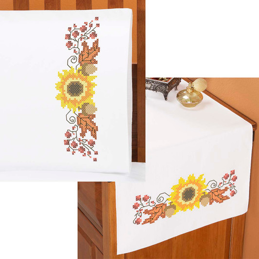 Herrschners Autumn Bounty Pillowcase Pair or Dresser Scarf Thread Kit