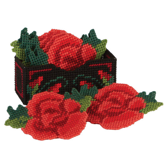 Herrschners Ruby Roses Coasters with Holder Plastic Canvas Kit