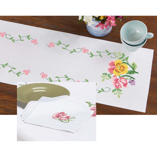 Herrschners Victorian Rose Table Runner & Napkins Set Stamped Cross-Stitch