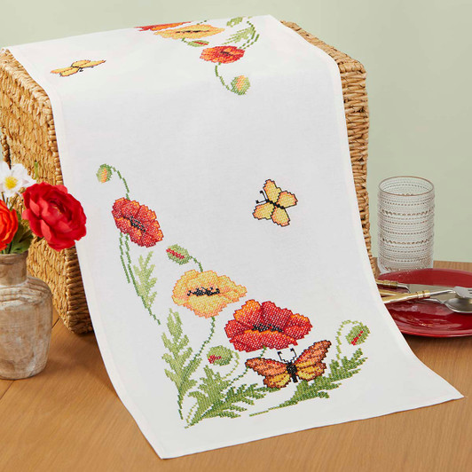 Herrschners Poppy Flower Table Runner Stamped Cross-Stitch