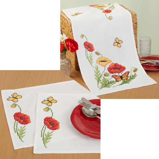 Herrschners Poppy Flower Table Runner & Placemats Set Stamped Cross-Stitch
