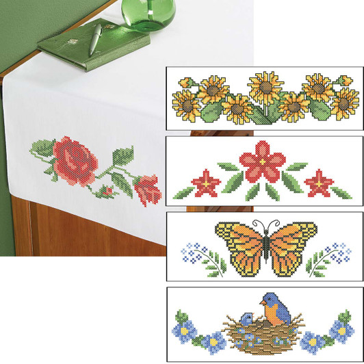 Herrschners In My Garden Dresser Scarf Set Stamped Cross-Stitch