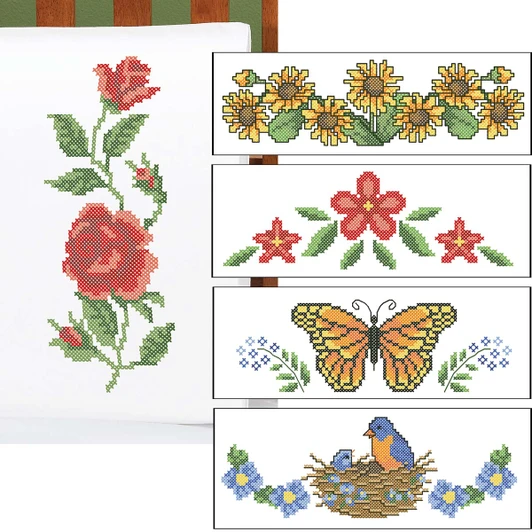 Herrschners In My Garden Pillowcase or Dresser Scarves Set Thread Kit