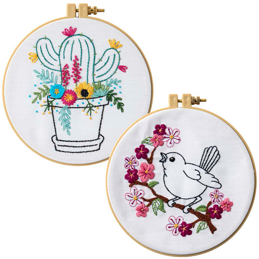 Plaid Birdie & Cactus Hoop Set Stamped Embroidery
