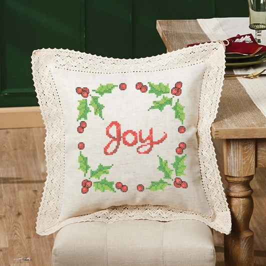 Herrschners Winter Holly & Berries Lace Trim Pillow Cover SCS Stamped Cross-Stitch