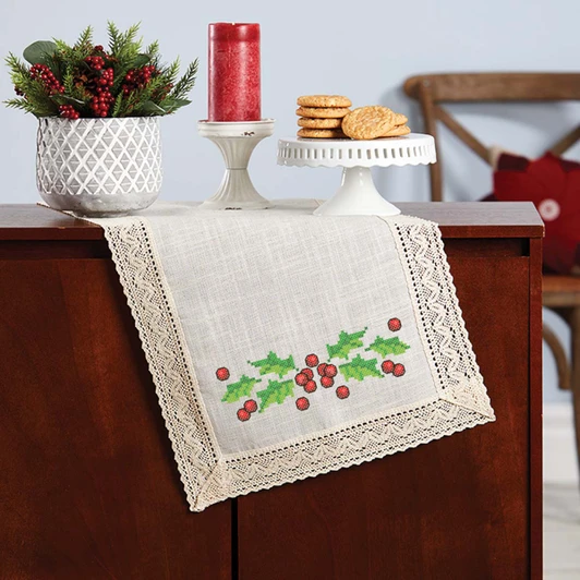Herrschners Winter Holly & Berries Lace Trim Table Runner Stamped Cross-Stitch