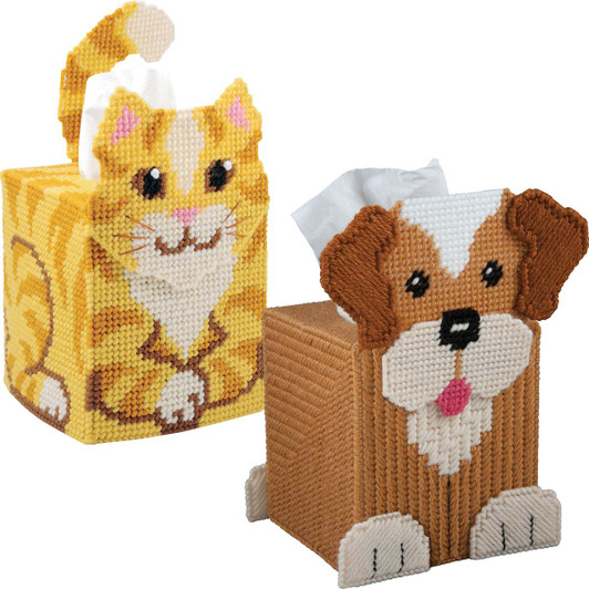 Herrschners Kitty & Puppy Tissue Box Set Plastic Canvas