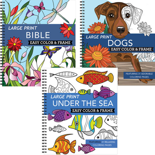 Brain Games Large Print Dogs, Under the Sea, & Bible, Set of 3 Coloring Book