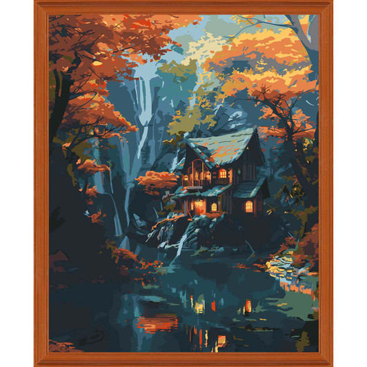Figured Art  Fall Cabin by Waterfall Kit & Frame Paint by Number Kit