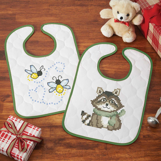 Herrschners Sleepy Raccoon Bibs Stamped Cross-Stitch