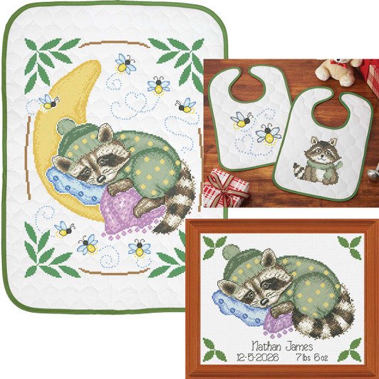Herrschners Sleepy Raccoon Baby Ensemble Stamped Cross-Stitch