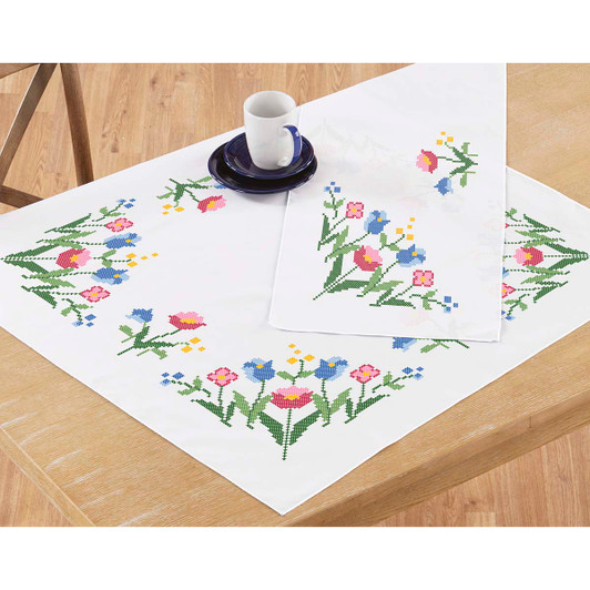 Herrschners Spring's First Blooms Topper & Runner SCS Stamped Cross-Stitch