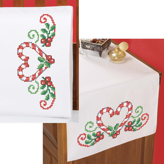 Herrschners Peppermint & Holly Pillowcases or Dresser Scarf Thread Kit