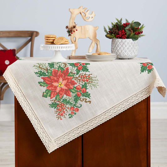 Herrschners Christmas Greenery Lace Trim Table Topper Stamped Cross-Stitch Kit