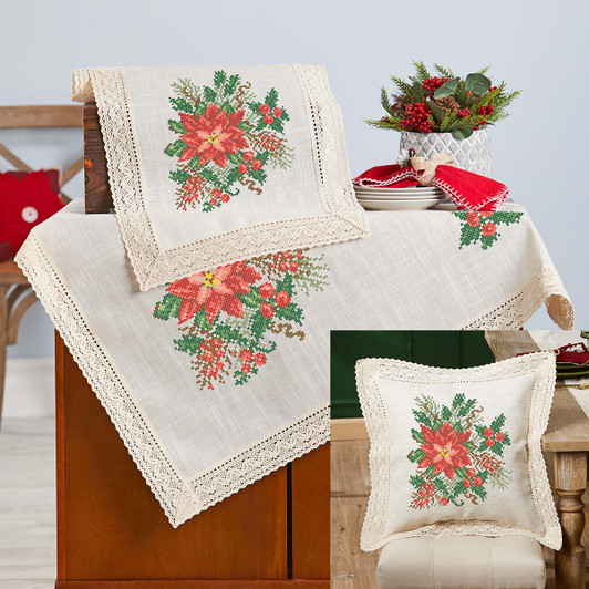 Herrschners Christmas Greenery Lace Trim Ensemble Stamped Cross-Stitch Kit