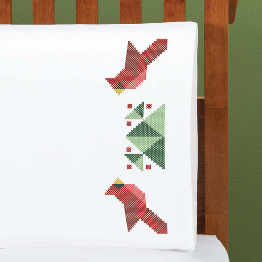 Herrschners Quilted Cardinal Pillowcase Pair Stamped Cross-Stitch