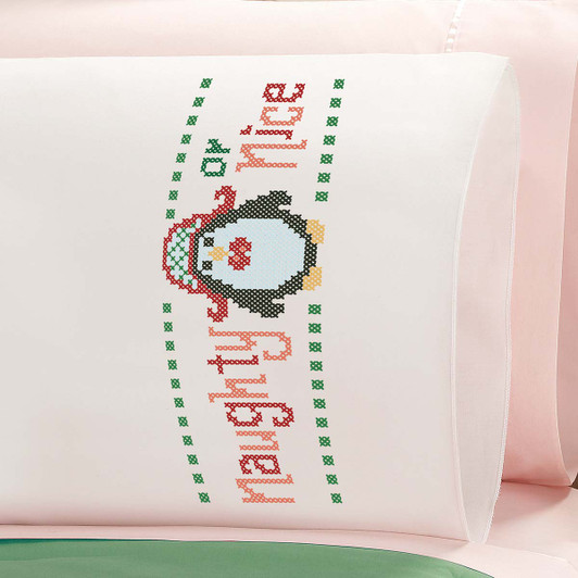 Herrschners Naughty or Nice Penguin Kid's Pillowcase Stamped Cross-Stitch Kit