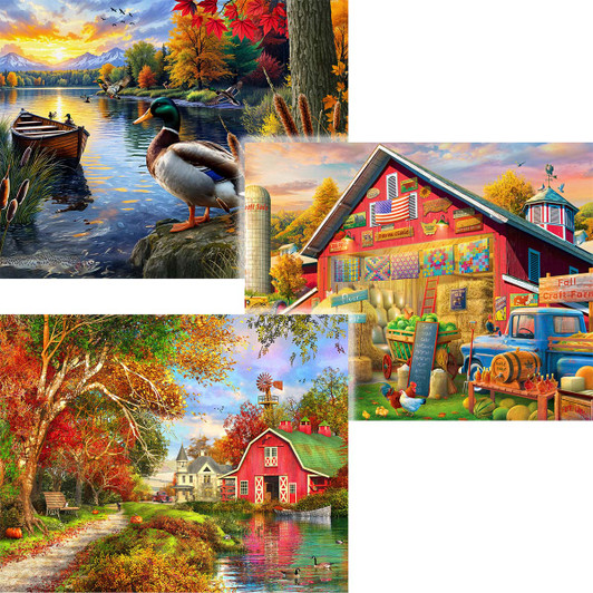 Springbok Autumn Barn, Mallards & Golden Days, Set of 3 Jigsaw Puzzle