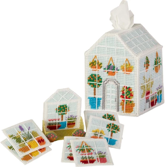 Herrschners Garden Escape Tissue Box & Coasters Set Plastic Canvas Kit