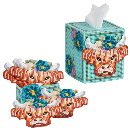 Herrschners Floral Highlander Tissue Box & Coasters Set of 2 Plastic Canvas Kit