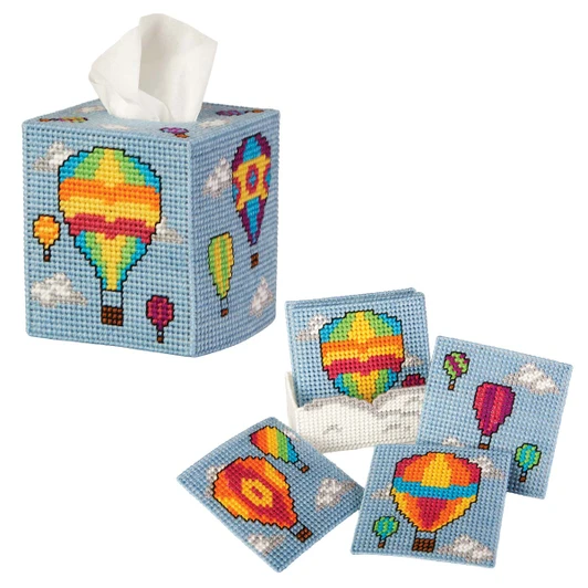 Herrschners Colorful Heights Tissue Box & Coasters Set Plastic Canvas Kit