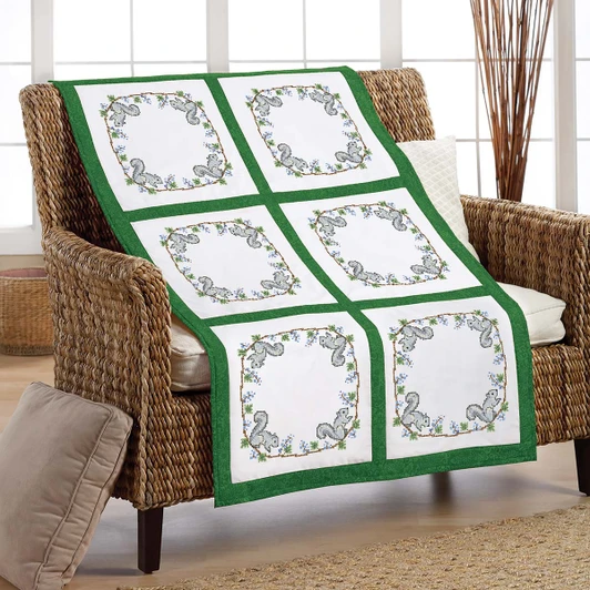 Herrschners Woodland Squirrel Quilt Blocks Stamped Cross-Stitch