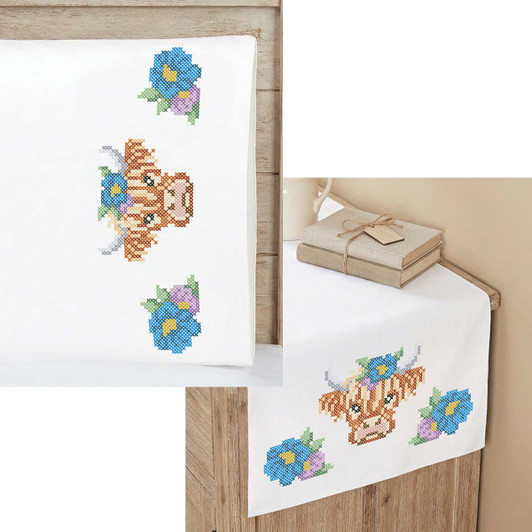 Herrschners Floral Highlander Pillowcase Pair or Dresser Scarf Thread Kit