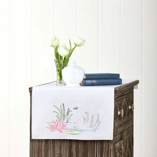 Herrschners Swan Pond Dresser Scarf Stamped Embroidery