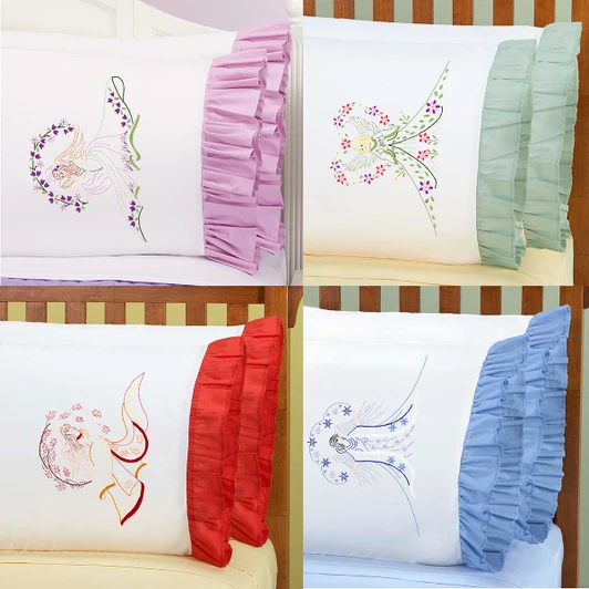 Herrschners Four Seasons Angel Ruffled Pillowcase Pairs Set Stamped Embroidery